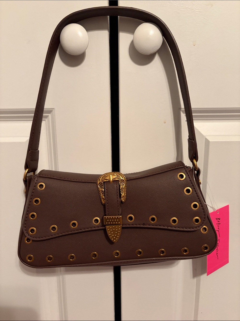 Betsey Johnson Brown Shoulder Bag with Gold Grommet Accent